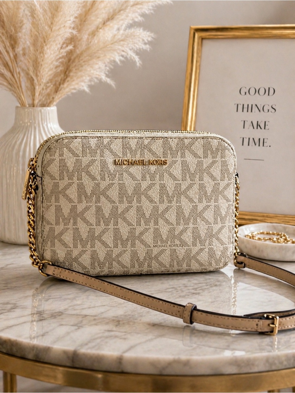 Michael Kors Jet Set Crossbody Bag Beige MK Logo Small Chain Strap
